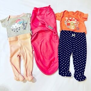 Baby Girl 5 Piece Bundle 0-3 mth Swaddle Me Swaddle, 2 Onesies, 2 Footed Pants